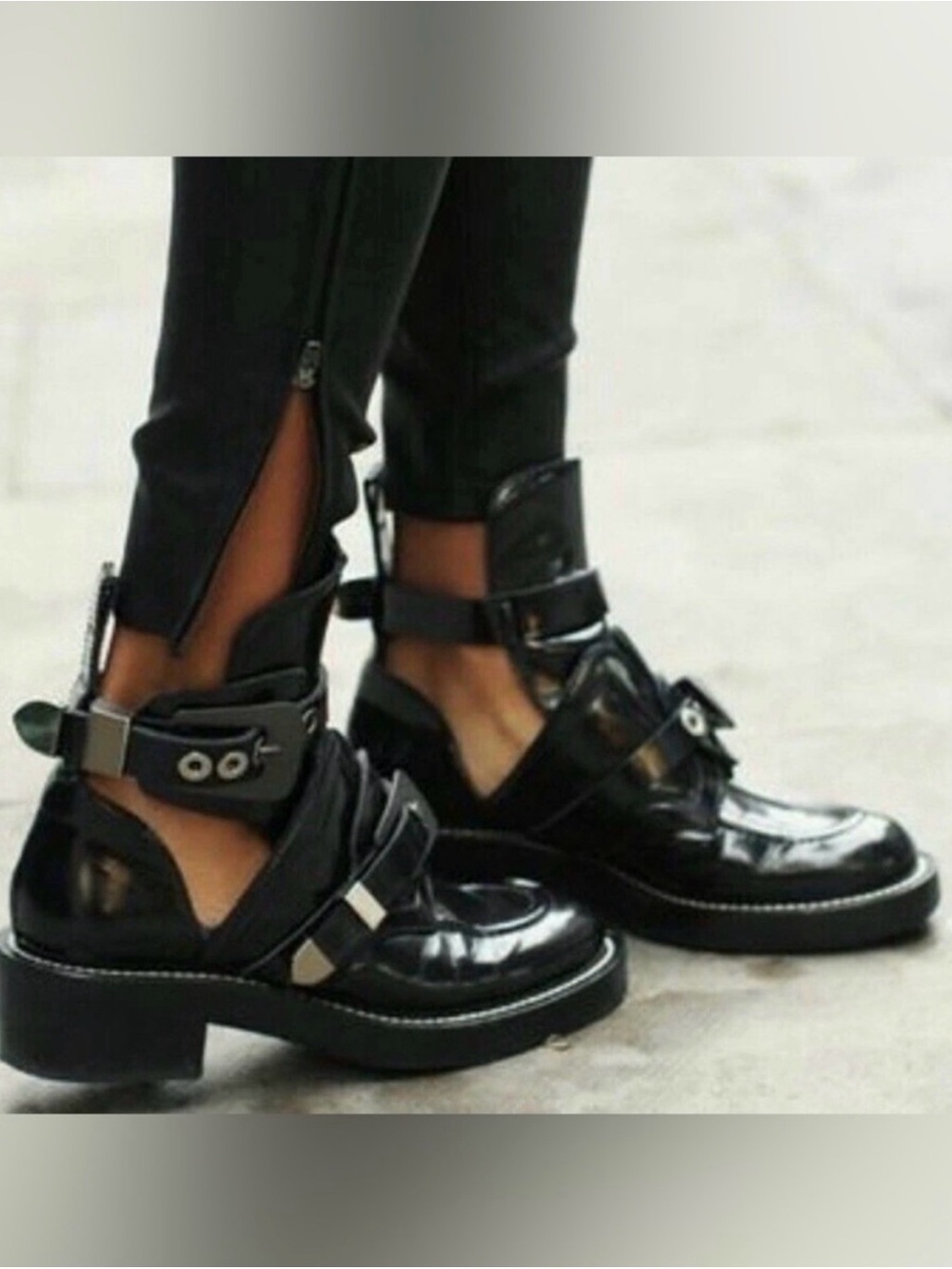 Balenciaga Black Patent Lace-Up Cutout Ankle Boots
